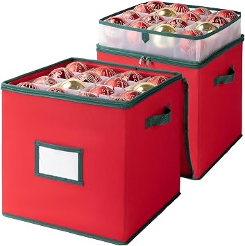 OIAHOMY 2 Pack Ornament Storage Box with Handle, Each Ornament Storage Holds 64 Balls, Christmas Decoration Box Include Plastic Trays and Zip-Lock Lid, Made of 600D Oxford Fabric - Red