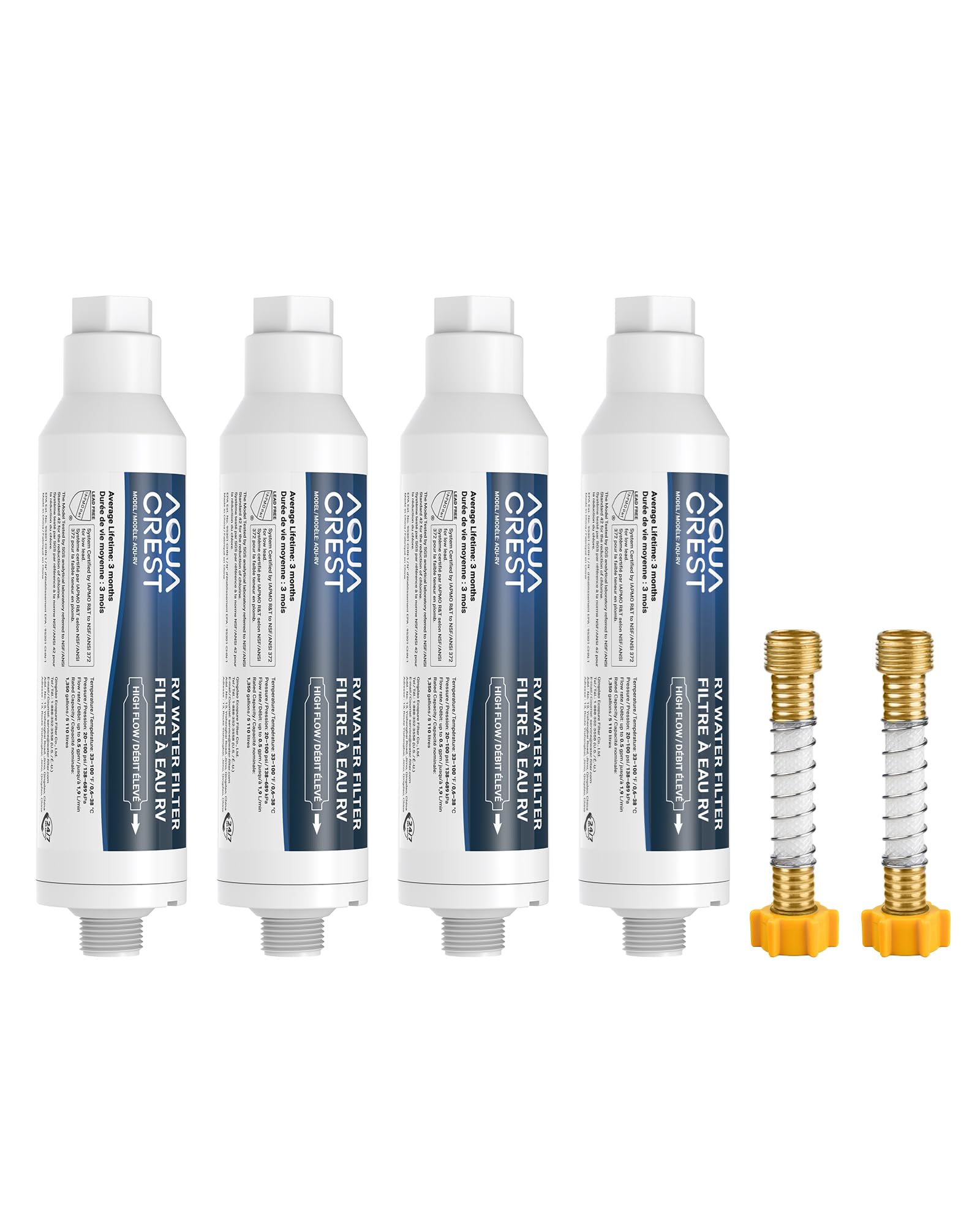AQUA CREST RV Water Filter, RV Inline Hose Water Filter, Garden and Camper Water Filter, NSF Certified, Greatly Reduces Chlorine, Bad Taste, Odor, 4 Pack with 2 Hose Protector