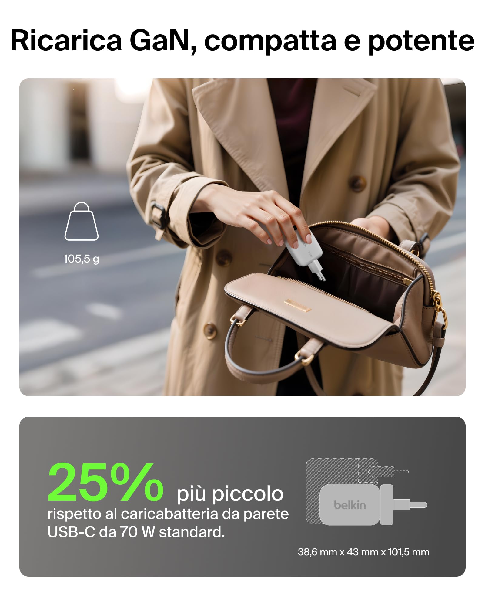 Belkin Caricatore USB C a 3 porte, 70 W, con spina per USA/GB/EU, 2 porte USB-C, 1 porta USB-A, caricatore rapido per MacBook, iPhone, iPad Pro, Samsung Galaxy, Pixel ecc. - Bianco