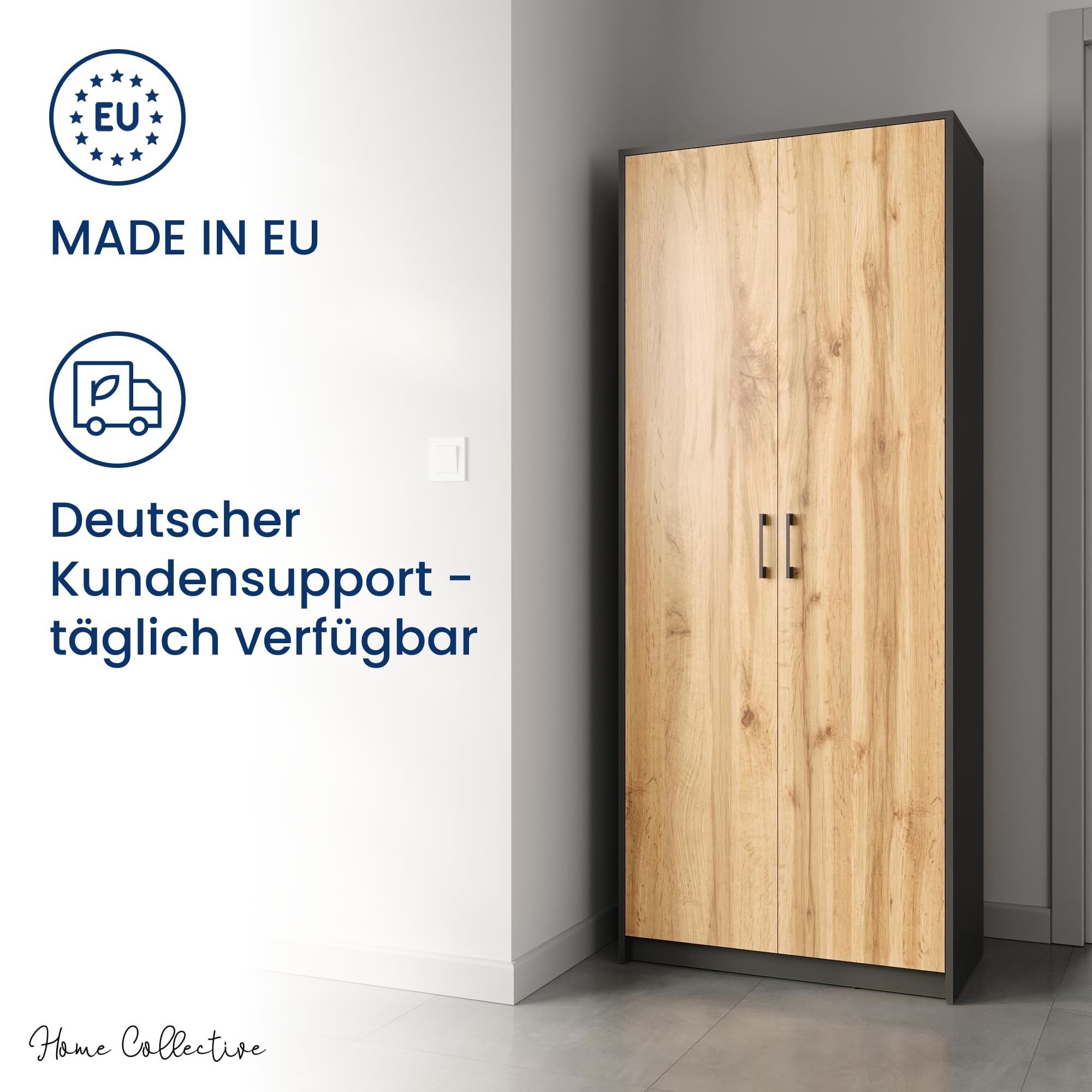 Home Collective Schrank Mehrzweckschrank Aktenschrank Hochschrank mit 5 Fächern 2 Türen 74x35x180 cm vielseitig einsetzbar für Büro Flur Küche Hauswirtschaftsraum stabil & pflegeleicht | graphit/eiche
