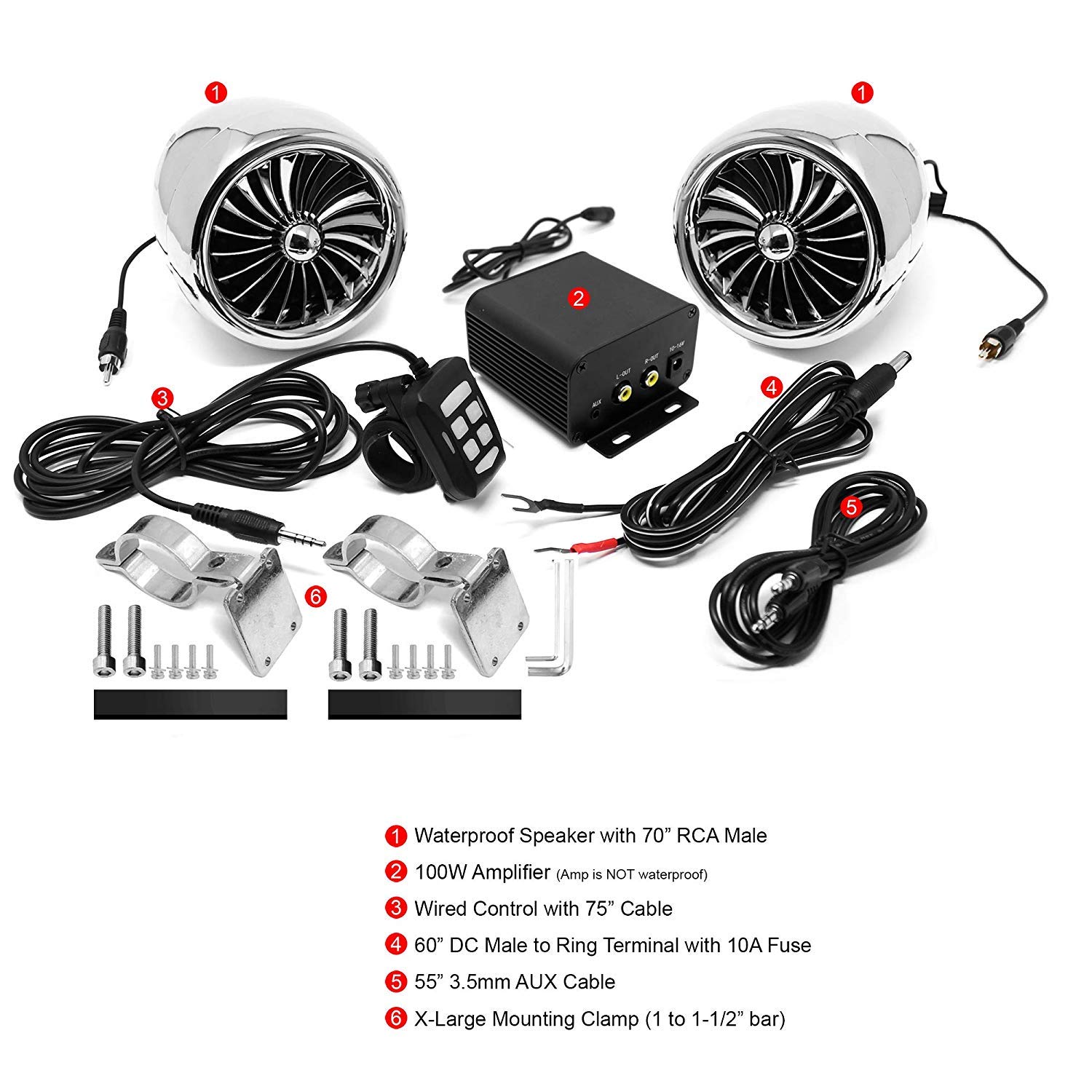 M150 Moto Sistema Audio Amplificatore con AUX, MP3, Radio FM, 4 pollici Impermeabile Bluetooth Altoparlanti Stereo, Adatto per 1-1.5 in. Manubrio Moto ATV UTV RZR (Chrome, Ventilatore)
