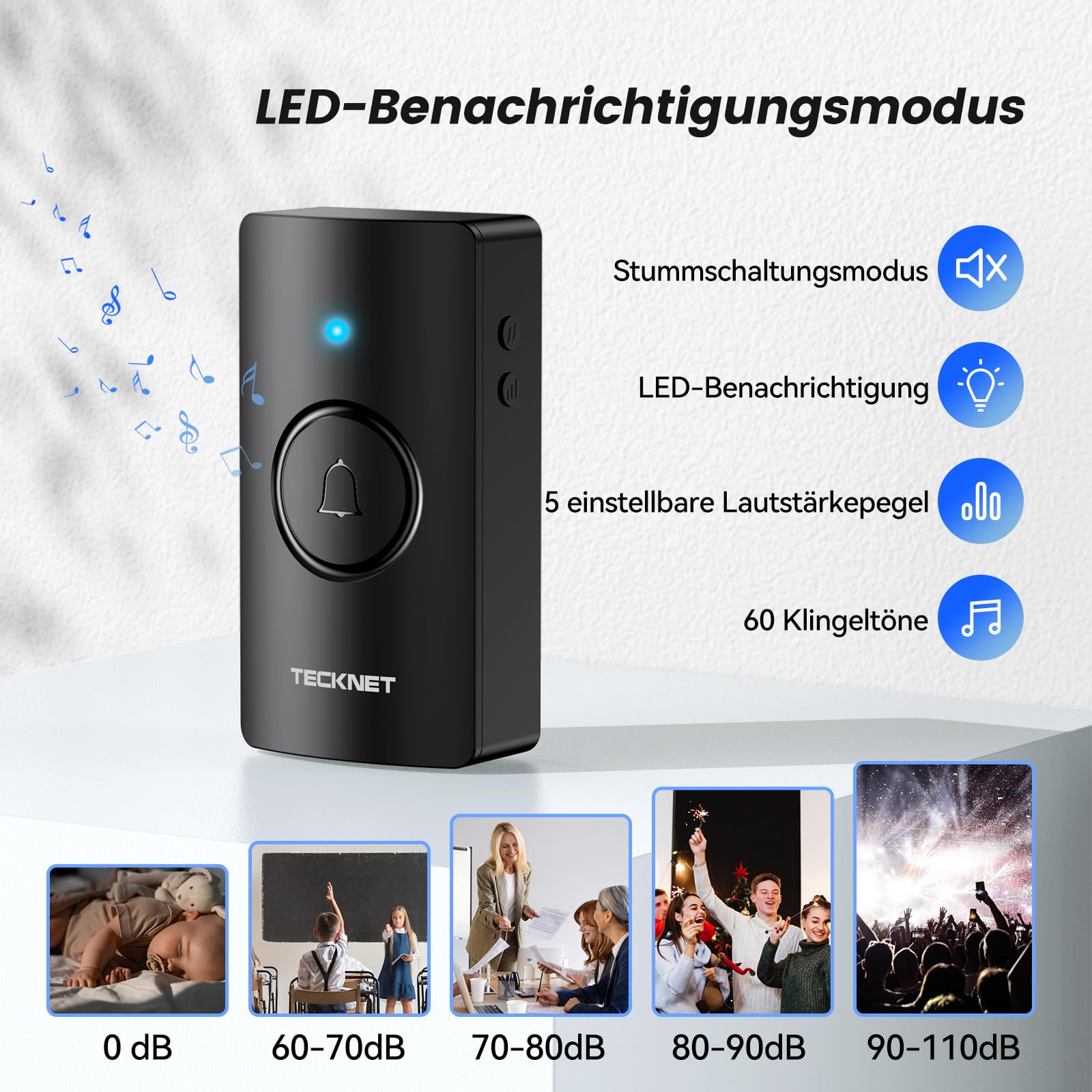 TECKNET Funkklingel, Funkklingel Batteriebetrieben mit 3 Empfänger 1 Sender, 400m Reichweite IP67 Funkklingel aussen wasserdicht, Kabellose Türklingel, Haustür Klingel mit 5 Lautstärken 60 Melodien