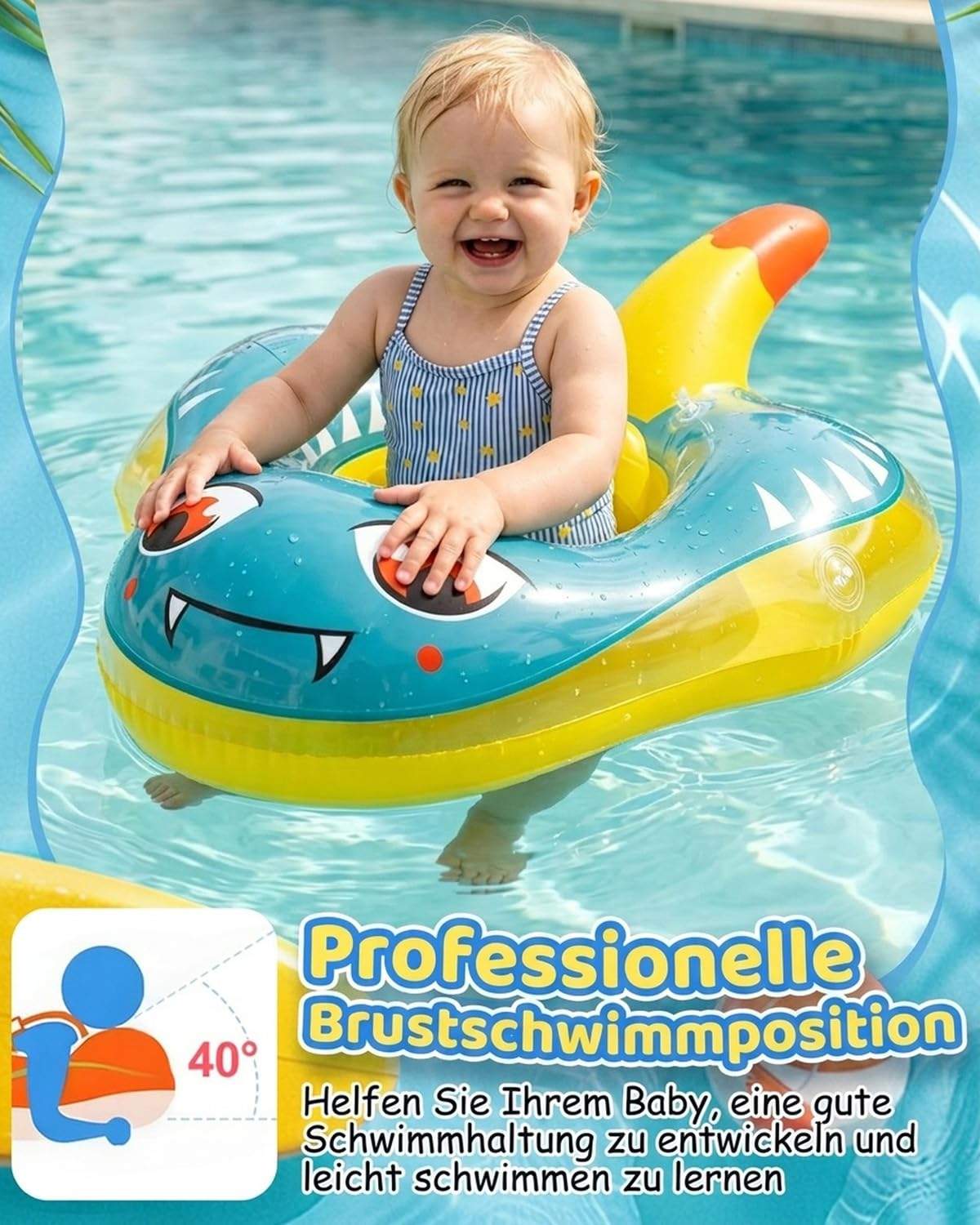 Baby Schwimmring mit UPF50+ Sonnendach Entfernbar, Premium Baby Float, Schwimmhilfe verstellbare Schultergurte, Schwimmtrainer, mit aufblasbarer Swimming Float für ab 6-36 Monate(7-16kg)