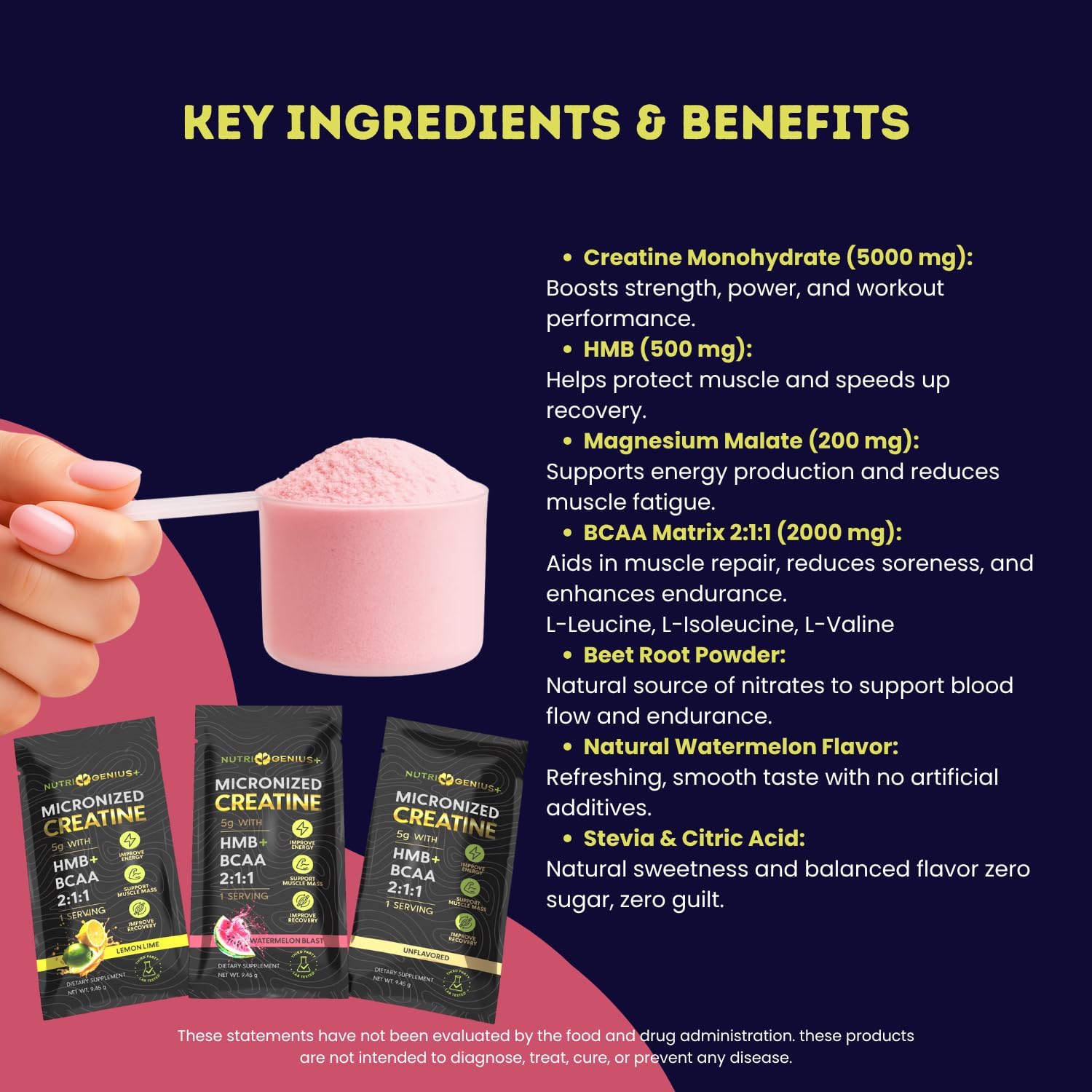 Nutri Genius Creatine Monohydrate 5g Stick Packs | BCAA 2:1:1 + HMB Pre & Post Workout Supplement | Muscle Energy, Strength & Recovery | 30 Servings