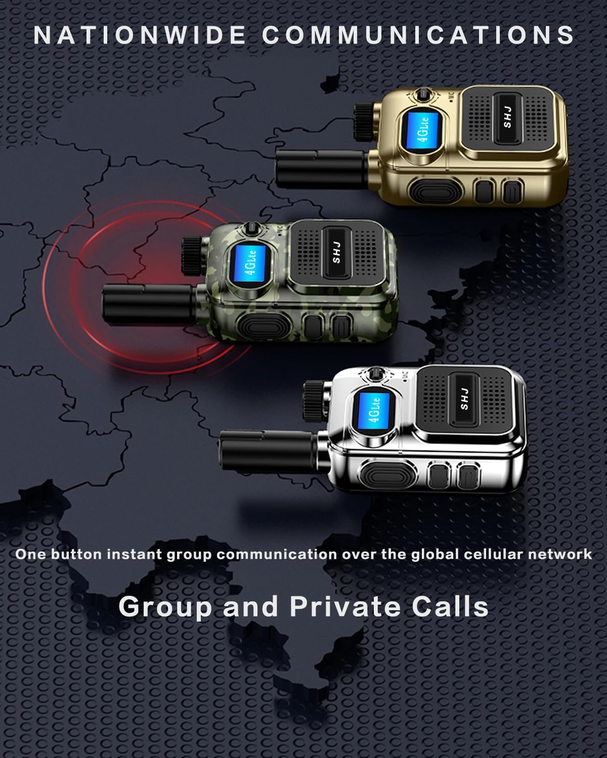 Three SHJ H28Y radios on a map illustrating group and private call capabilities