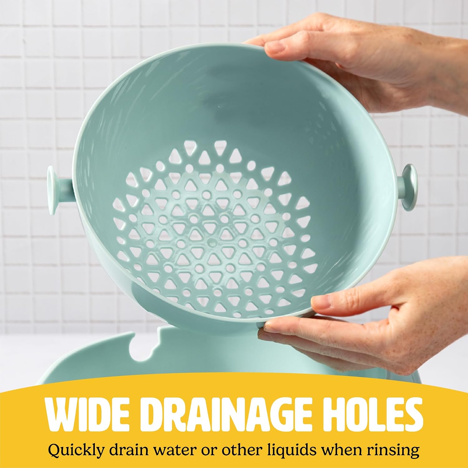 Tasty 2-in-1 Swing Bowl Colander, Built-In Strainer Basket with Handle, Kitchen Hack for Rinsing and Draining for Fruits, Vegetables, and Pasta, 2.1-Quart Bowl + 1.9-Quart Strainer, Aqua