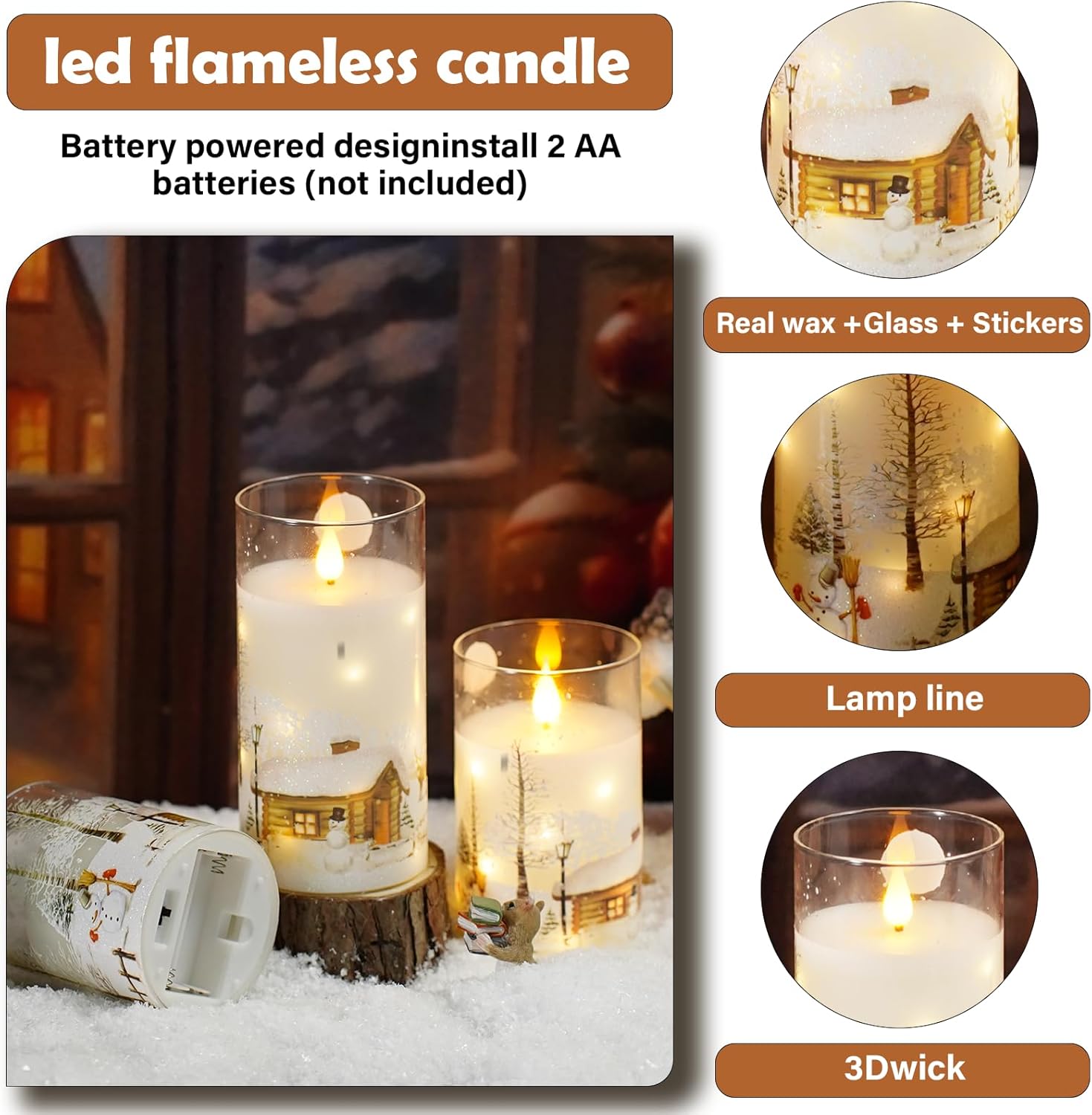 kakoya Flickering Flameless Candles with Remote,3 Pcs Glass Real Wax LED Pillar Candles Battery Operate with Embedded Star String for Home Decoration Christmas Gifts