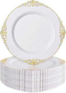 Nervure 100Pcs White and Gold Plastic Plates - 10.25Inch Gold Disposable Plates - Heavyweight Dinner Plate for Wedding & Party & Thanksgiving