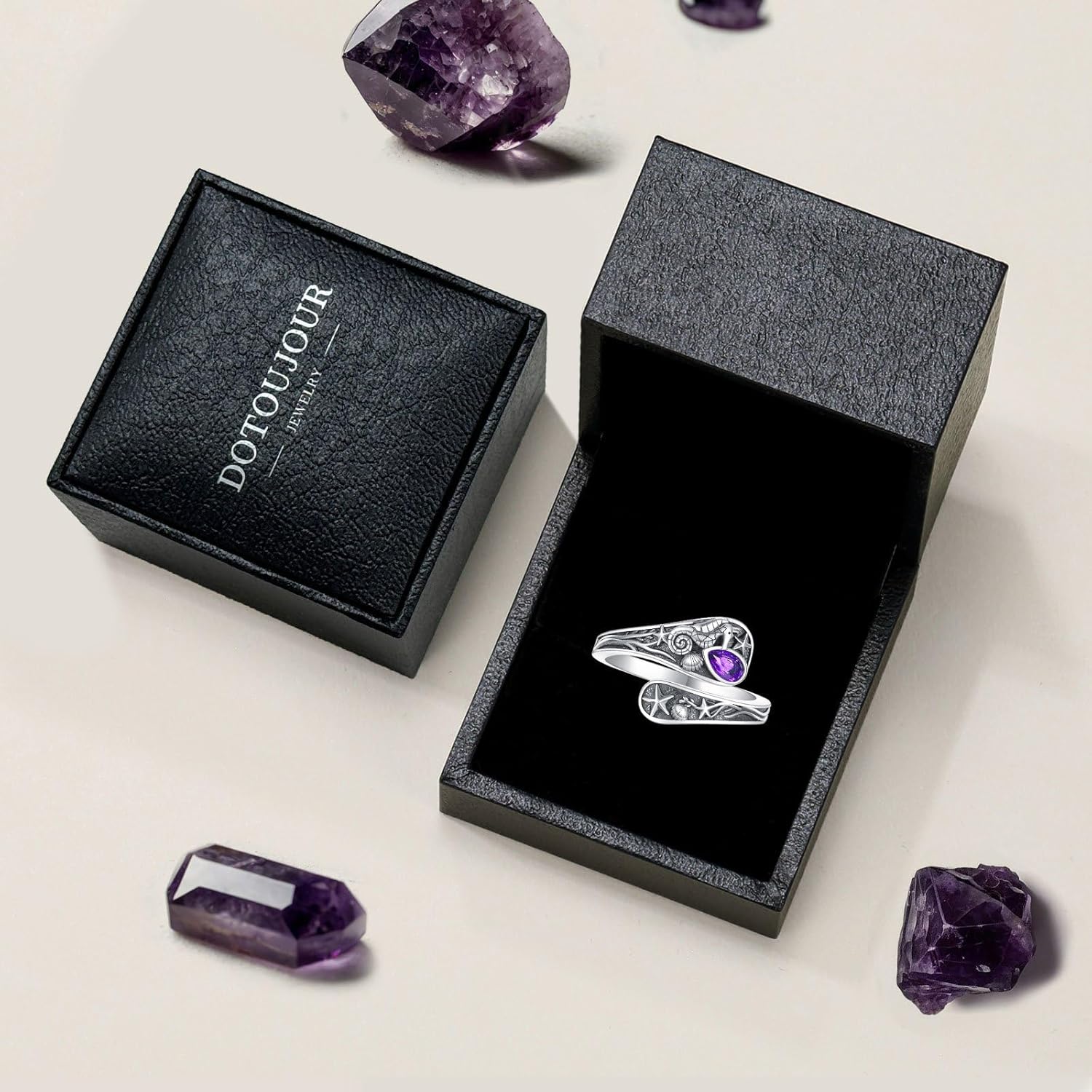 Ocean Spoon Rings for Women 925 Sterling Silver Natural Amethyst Open Adjustment Ring Ocean Lover Gift
