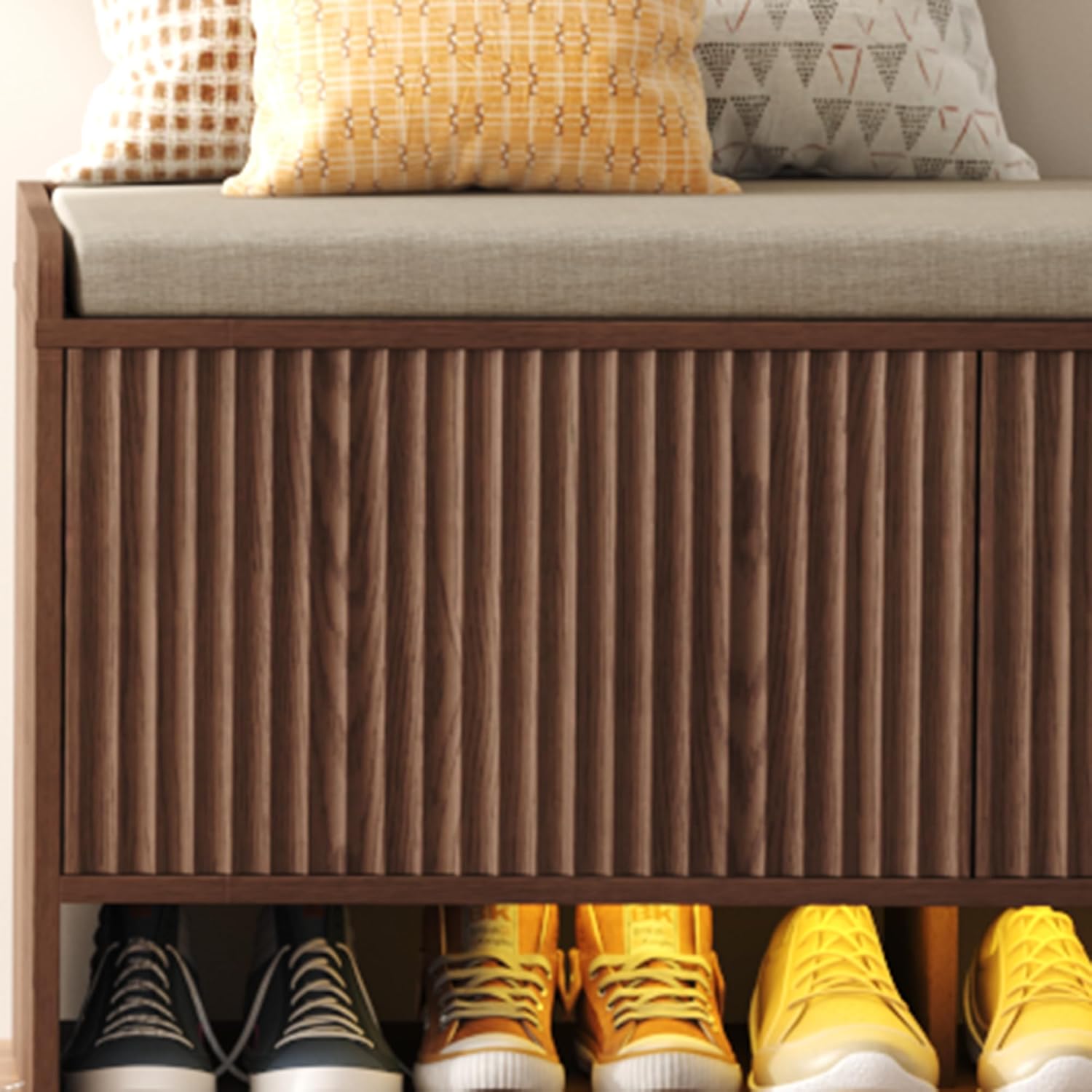 HOMEFORT 39.4" Fluted Shoe Storage Bench, Entryway Bench with Linen Seat Cushion, Shoe Cabinet Bench with Adjustable Shelf and Built-in LED Sensor Light, Bench for Bedroom End of Bed,Walnut