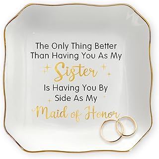 OASSIE Christmas Maid of Honor Gifts for Women - 4"x4" Ceramic Jewelry Dish Tray - Christmas Wedding Bridesmaid Gifts for Sister, Ring Holder for Women, Jewelry Tray for Maid of Honor Proposal