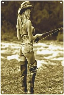 GCOCL Tin Sign Open Fly Season Pin-up Girl Fishing Hot Rod Reel Fish Metal Tin Sign Decor Iron Painting 8x12 Inch