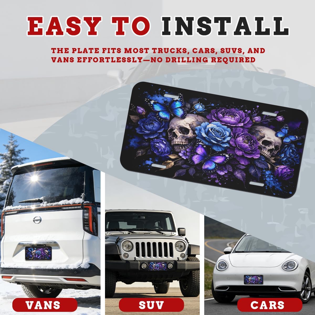Skull Rose Front License Plate Purple Butterfly Dark Floral Car Decorative License Plates Aluminum Metal Accessory Novelty Vanity Tag Cover with 4 Holes for Men Women 6" X 12" image 3