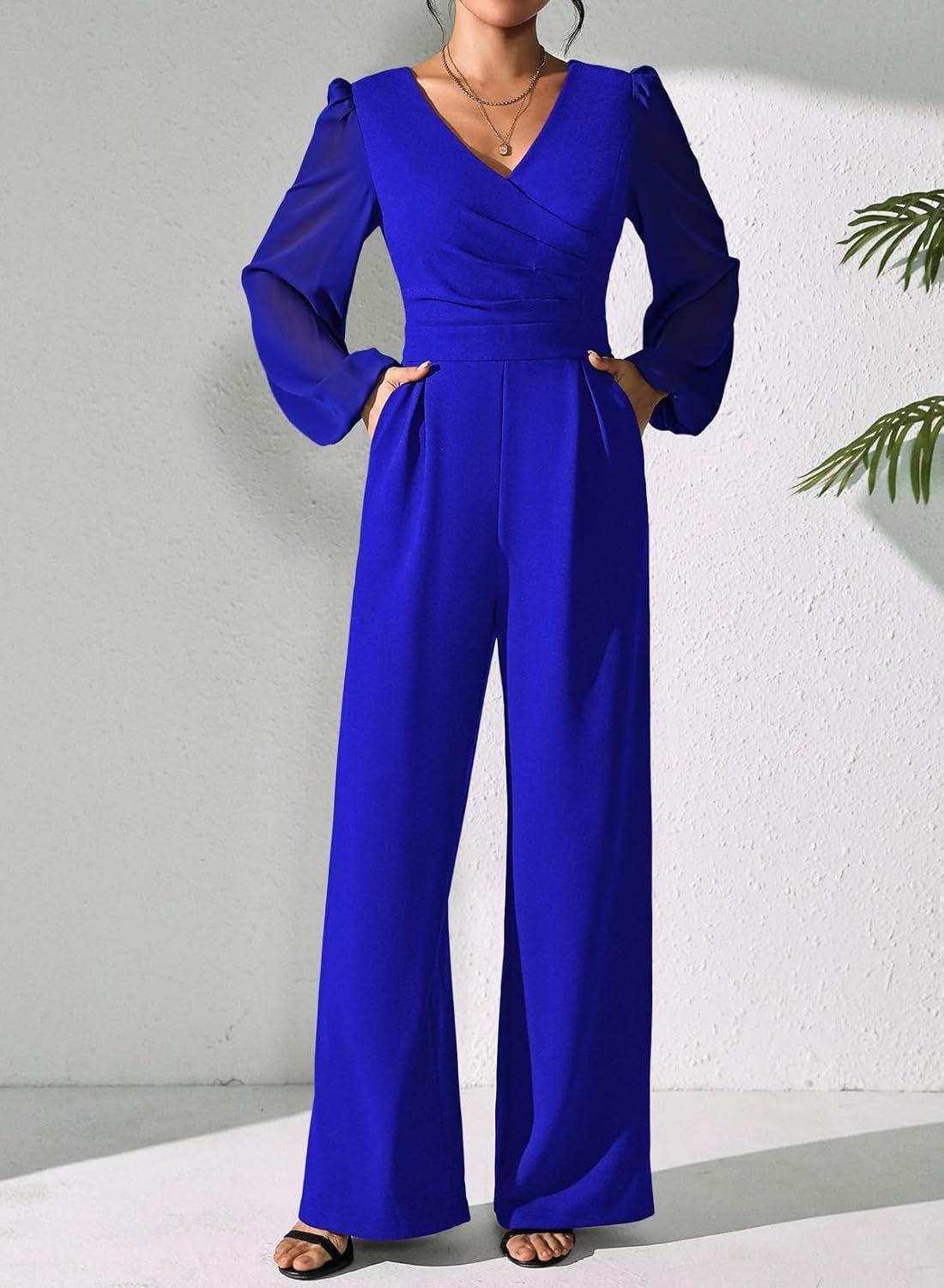 Pink Queen Jumpsuits for Women Dressy Patchwork Chiffon Sleeve V Neck Wide Leg Romper Holiday Party Outfits - Image 6