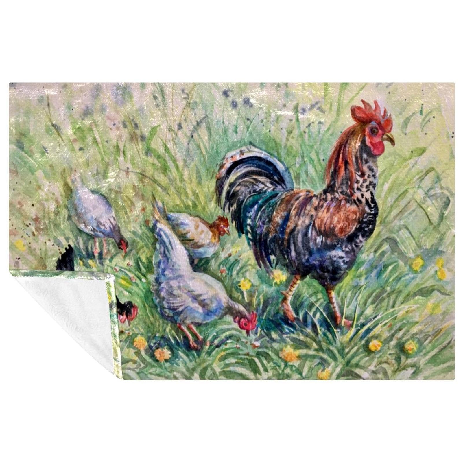 Plaid peinture coq et poules 150x100 cm couverture douce lit et canapé
