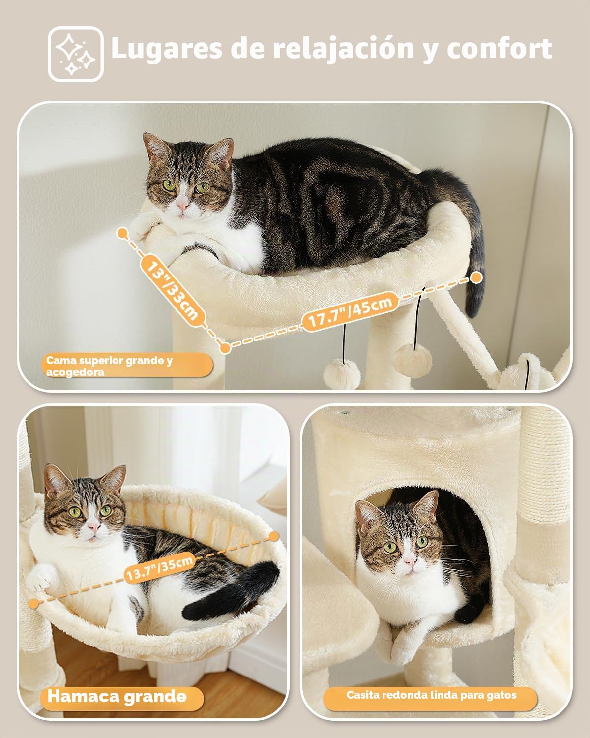 PETEPELA Árbol Rascador de 150 cm, Torre de Varios Pisos para Gatos Grandes y Medianos, con Hamaca Grande, Apartamento Privado, Rascador de Sisal y Bola de Pompón Esponjosa