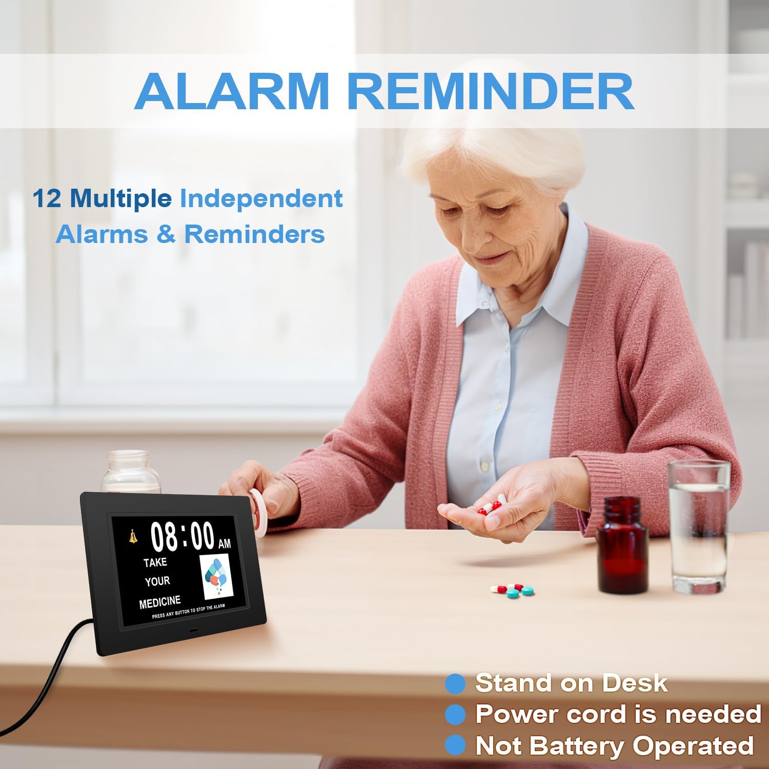 JALL Digital Calendar Alarm Day Clock 8” Display, 5 Alarms for