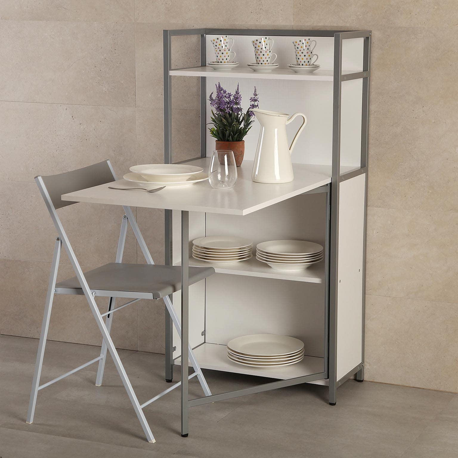 Versa Blumenau Mesa de Comedor con Estantería para Cocina, Terraza, Jardín o Comedor, Encimera Plegable, Medidas (Al x L x An) 120 x 30 x 62 cm, Madera, PVC y Metal, Color Blanco