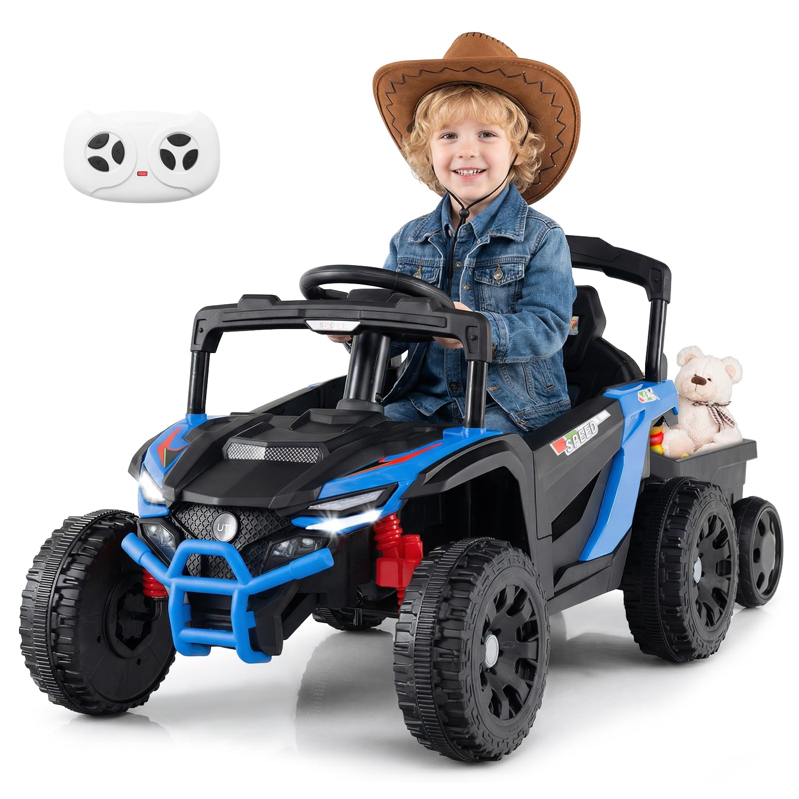 GOPLUS Elektryczny traktor z przyczepą, samochód elektryczny 12 V z pilotem zdalnego sterowania 2,4 G, reflektor, klakson i muzyka, traktor dziecięcy UTV z funkcją do przodu i do tyłu, dla dzieci od 3