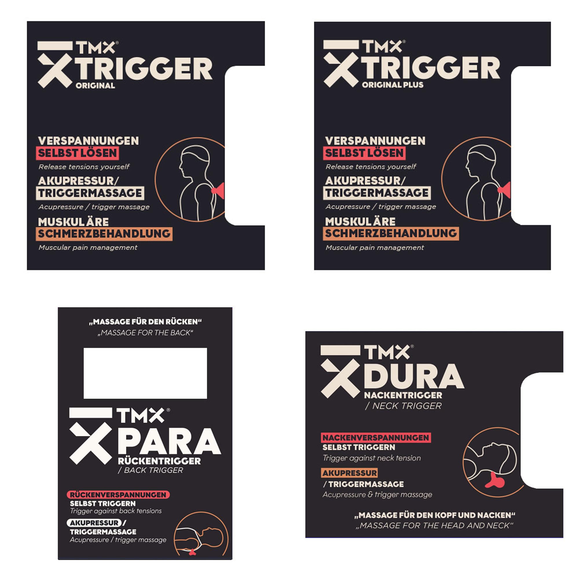 TMX® Rücken-Bundle | Massage-Set | Akupressur gegen muskuläre Rückenschmerzen | Schmerzpunktmassage | Triggerpunktdrücker | Triggerpoint-Massage | 4 Trigger-Tools in einem Set