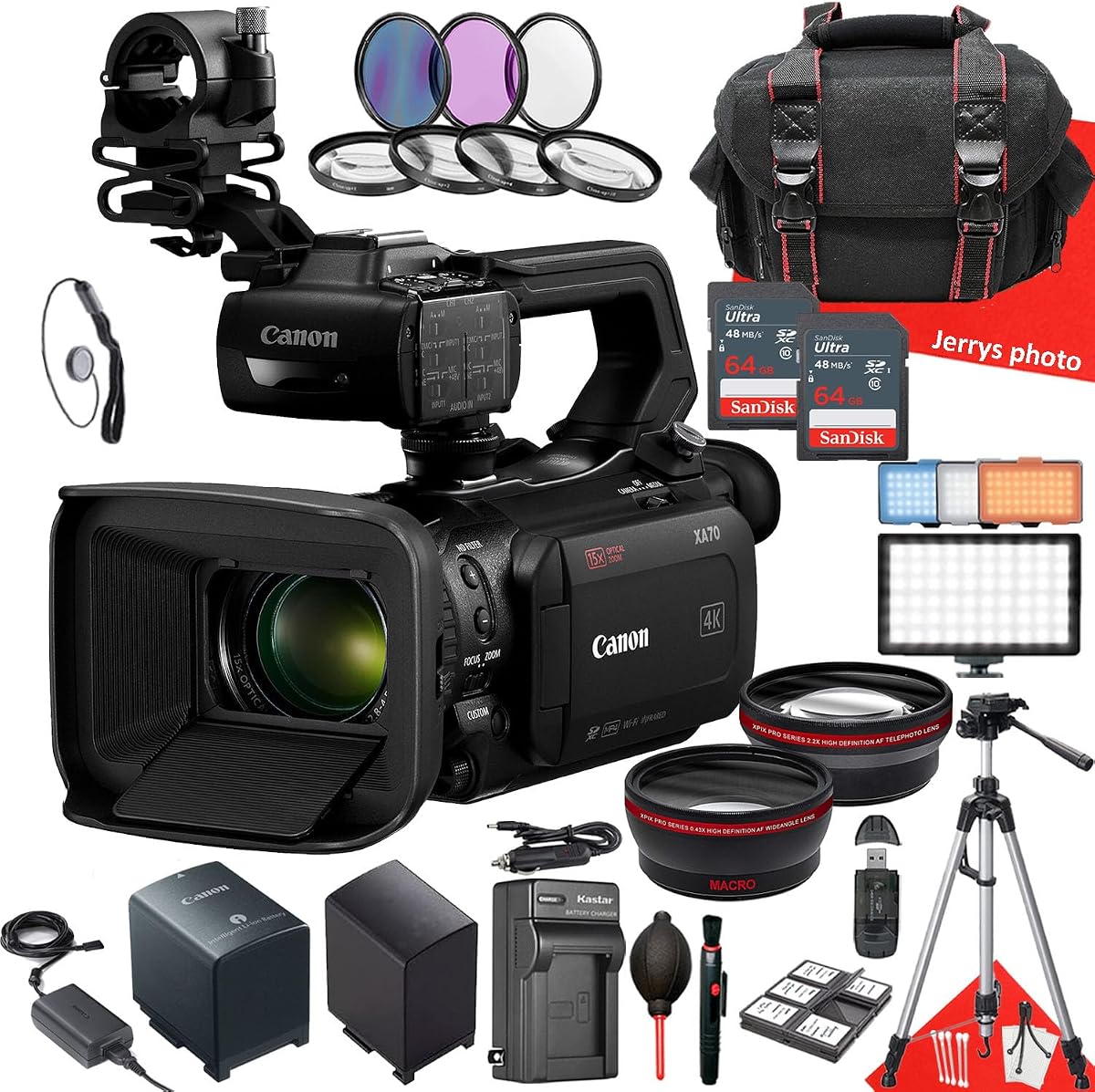 Videocámara Canon XA70 UHD 4K30 con enfoque automático de doble píxel + 2 unidades de memoria de 64 GB + batería adicional + luz LED + filtros + trípode + más (paquete de 28 piezas), negro (renovado)