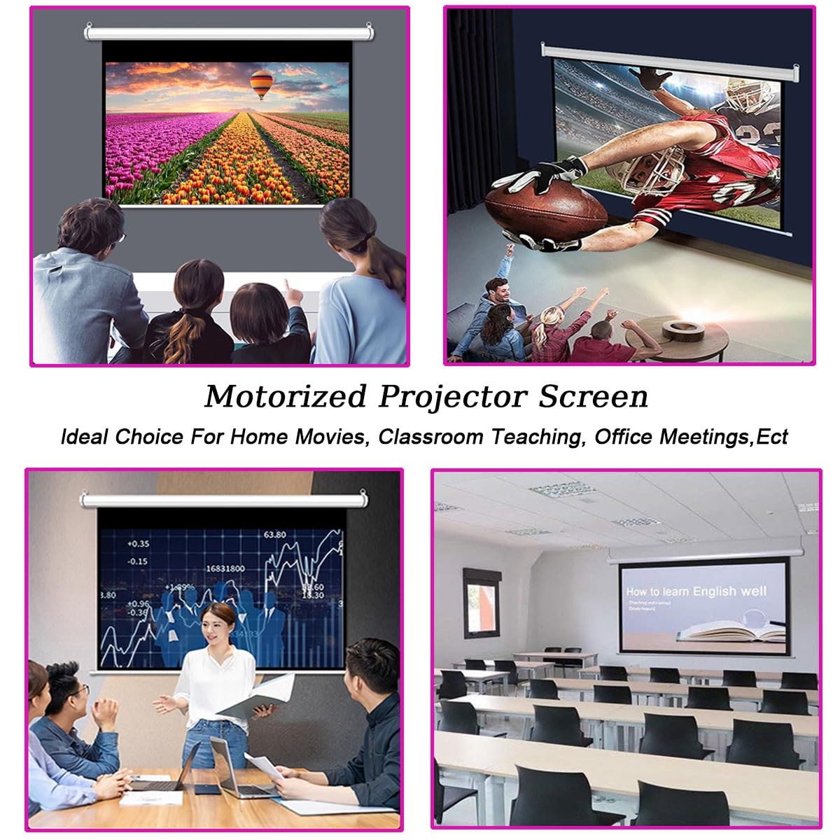 Zmotoryzowany ekran projektora z pilotem zdalnego sterowania, ekran projekcyjny, elektryczny ekran filmowy przeciwzmarszczkowy, do użytku w kinie domowym, biurze, klasie (72 cale (4:3))