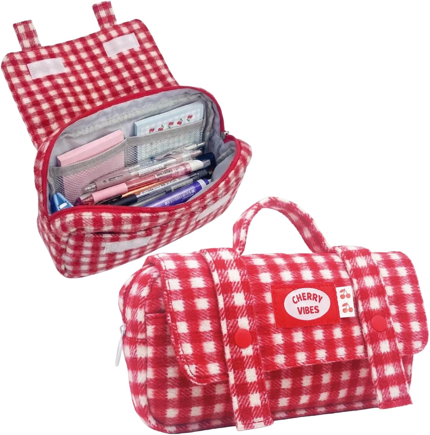 Cute Checkered Pencil Case, Red White Plaid, Large Capacity Gingham Pattern Pen Bag with Handle, Big Stationery Organizer, Multi-Use Storage Pouch, 8.7x1.6x4.7 Inches, Red