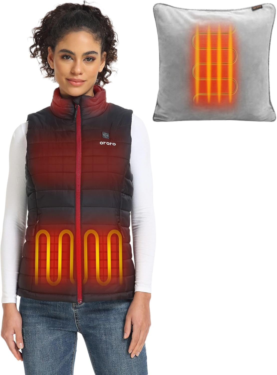 ORORO Women's Heated Vest (Black, S) and Throw Pillow Cover (Grey)