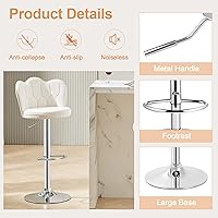Vista 7 de VECELO Bar Stools Set of 2, Adjustable Barstools with Back, Velvet Armless Counter Height Stool Kitchen Island Stool Swivel Bar Stools, White Blanco