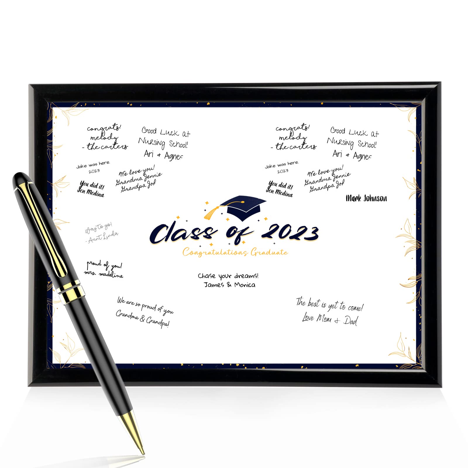 Black Wood Picture Frame Poster - Desktop Display Gift for Home Holds 7x4 Photo with White Mat for Wedding Birthday Graduation Anniversary, Signature Board with Marker Pen - 14x11" Photo Frame