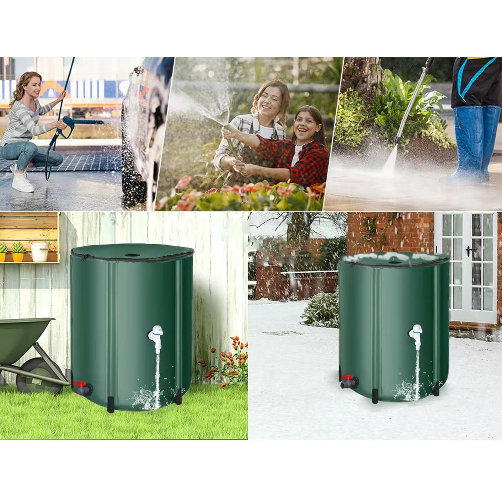 Sistema de depósito de Agua de Lluvia Plegable con Soporte y Grifo. Depósito de Agua de jardín portátil con Tapa con Cremallera. Color Verde. Capacidad de 1000 litros.