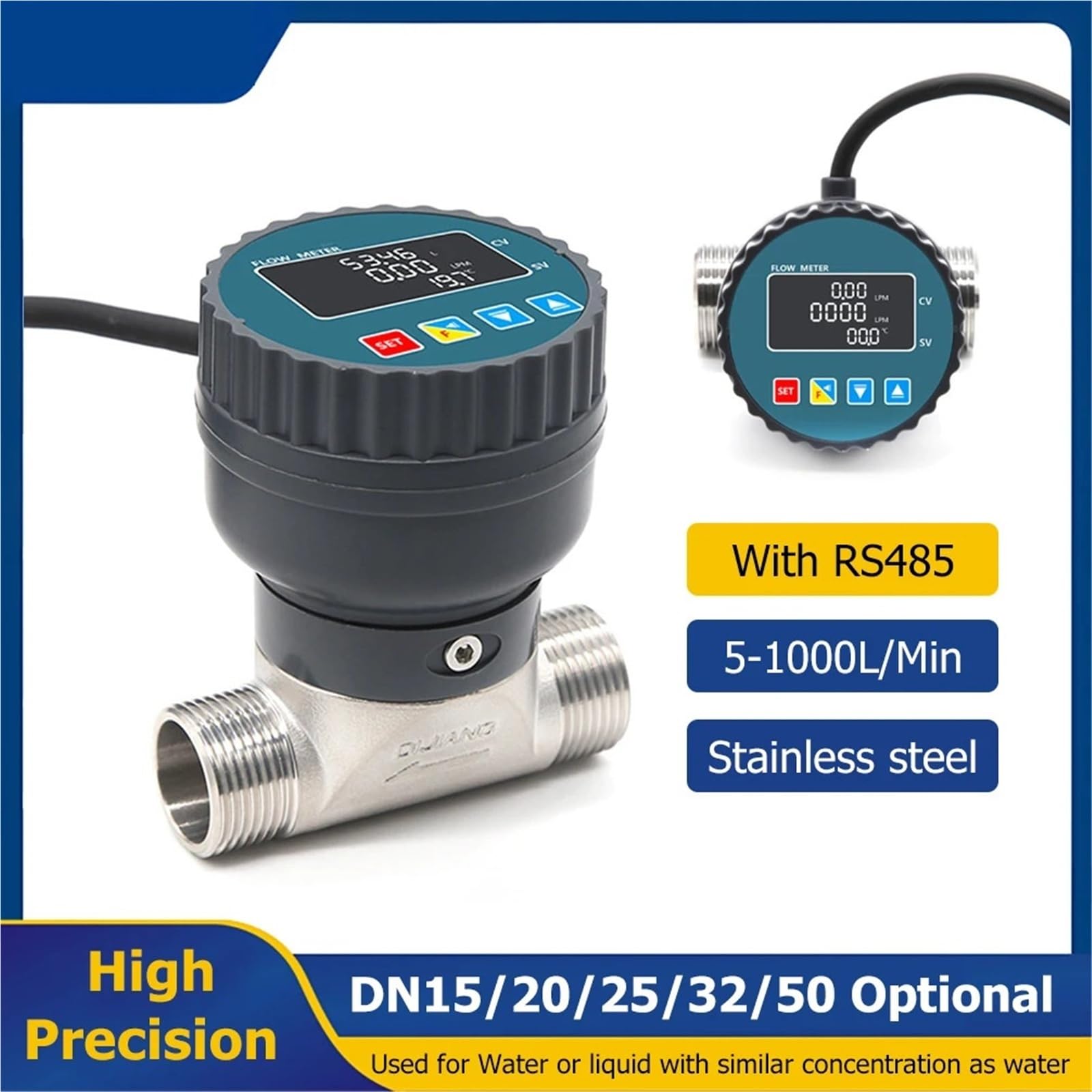 Medidor de Flujo con Pantalla Digital de Acero Inoxidable RS485, medidor de Flujo de Agua líquida de Alta precisión, Sensor de Flujo electrónico for jardín de Granja(DN25)