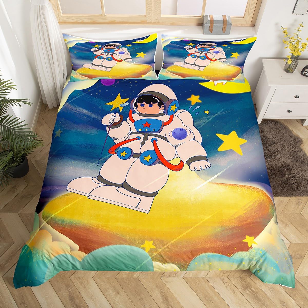 Astronaut Duvet Cover Kids Galaxy Bedding Sets Double,Outer Space Astronaut Down Quilt Cover for Boys Child Girls,Cartoon Blue And Yellow Bed Set for Bedroom Decor With 2 Pillowcases