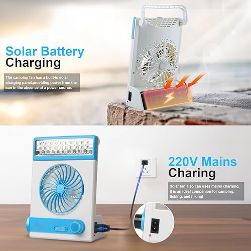 Miniatura 6 de Ventilador solar de mesa 3 en 1 con lámpara LED para cuidar los ojos linterna y adaptador de corriente para usar en el hogar o de acampada