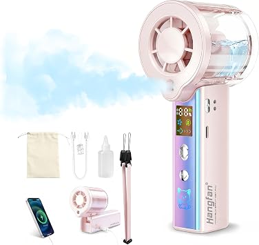 Portable Handheld Cooling Misting Fan,30000 RPM High Speed Turbo Personal Fan,Adjustable 1-100 Speed,Extra-large battery rechargeable mini spray fan,LED Display,For Travel Outdoor Makeup concert,Pink
