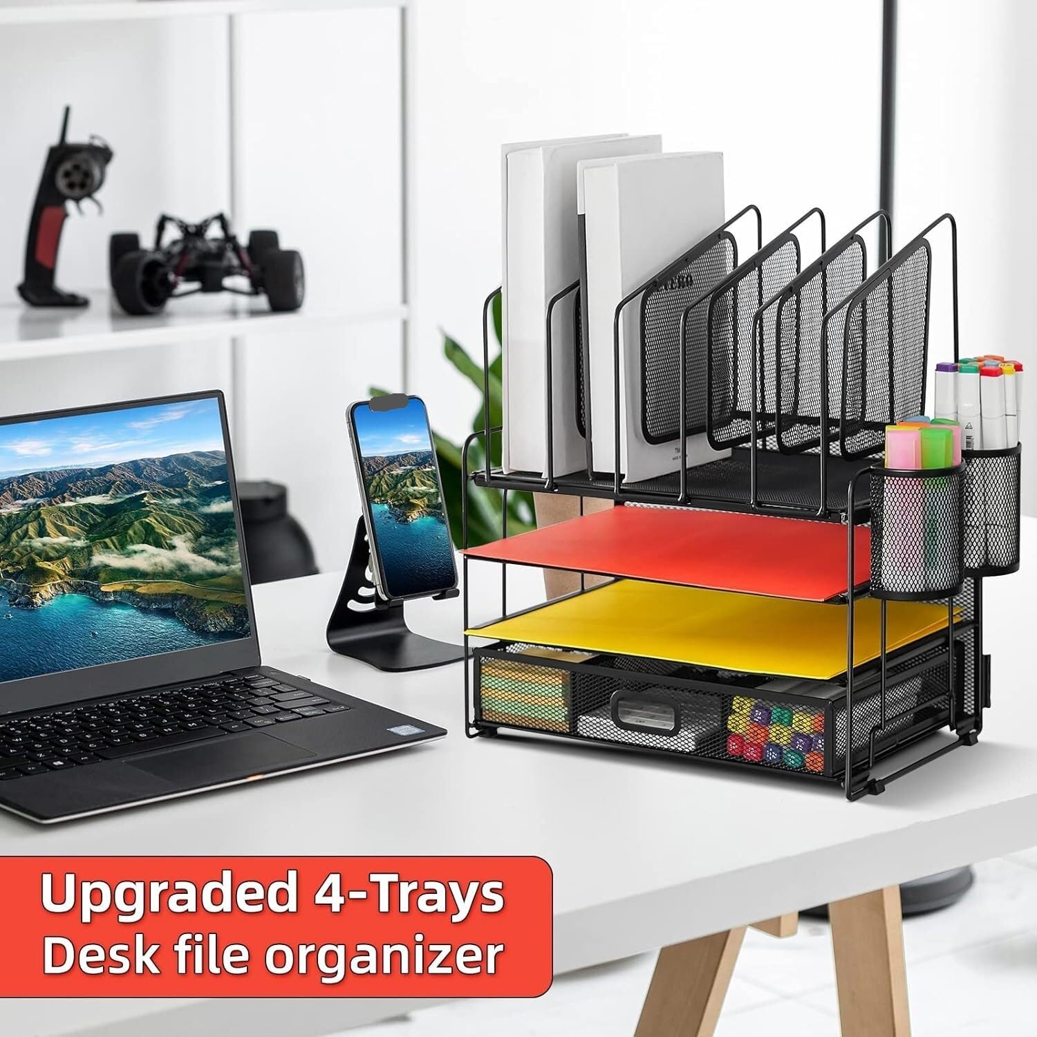 Organizzatore Scrivania Organizer da Scrivania con Cassetto in Rete A 4 Livelli 5 Portadocumenti Verticali E 2 Portapenne, Multifunzione Ufficio(A)