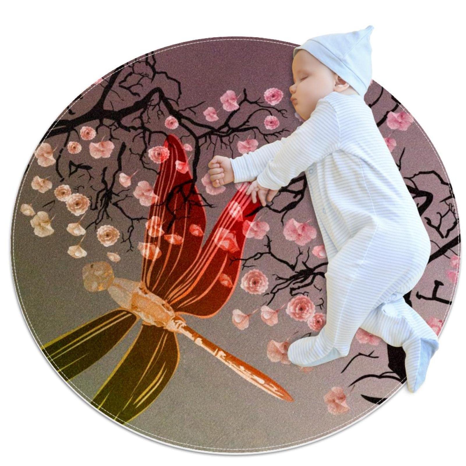 Tapis rond pour chambre et salon motif fleurs de cerisier JDEZ tapis de jeu rose 100x100cm