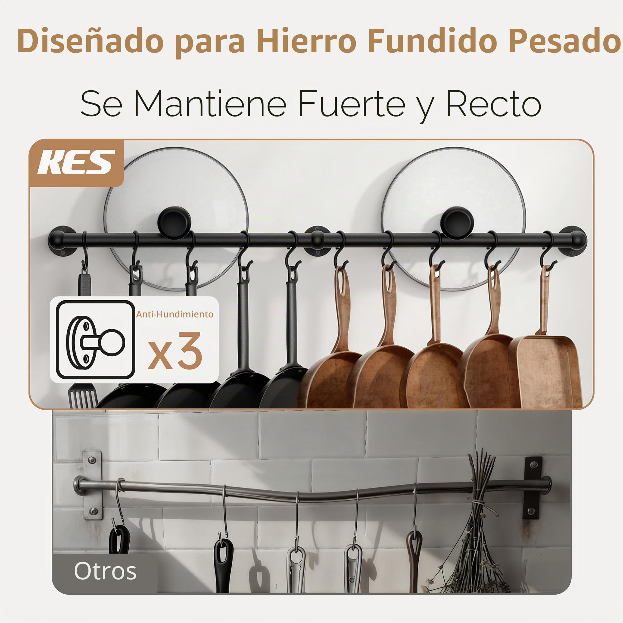 KES Estante para ollas de alta capacidad de 130 libras montado en la pared con 3 tubos gruesos, ganchos para ollas de 32 pulgadas para cocina con 10 ganchos, tornillo de acero inoxidable 18/8 y