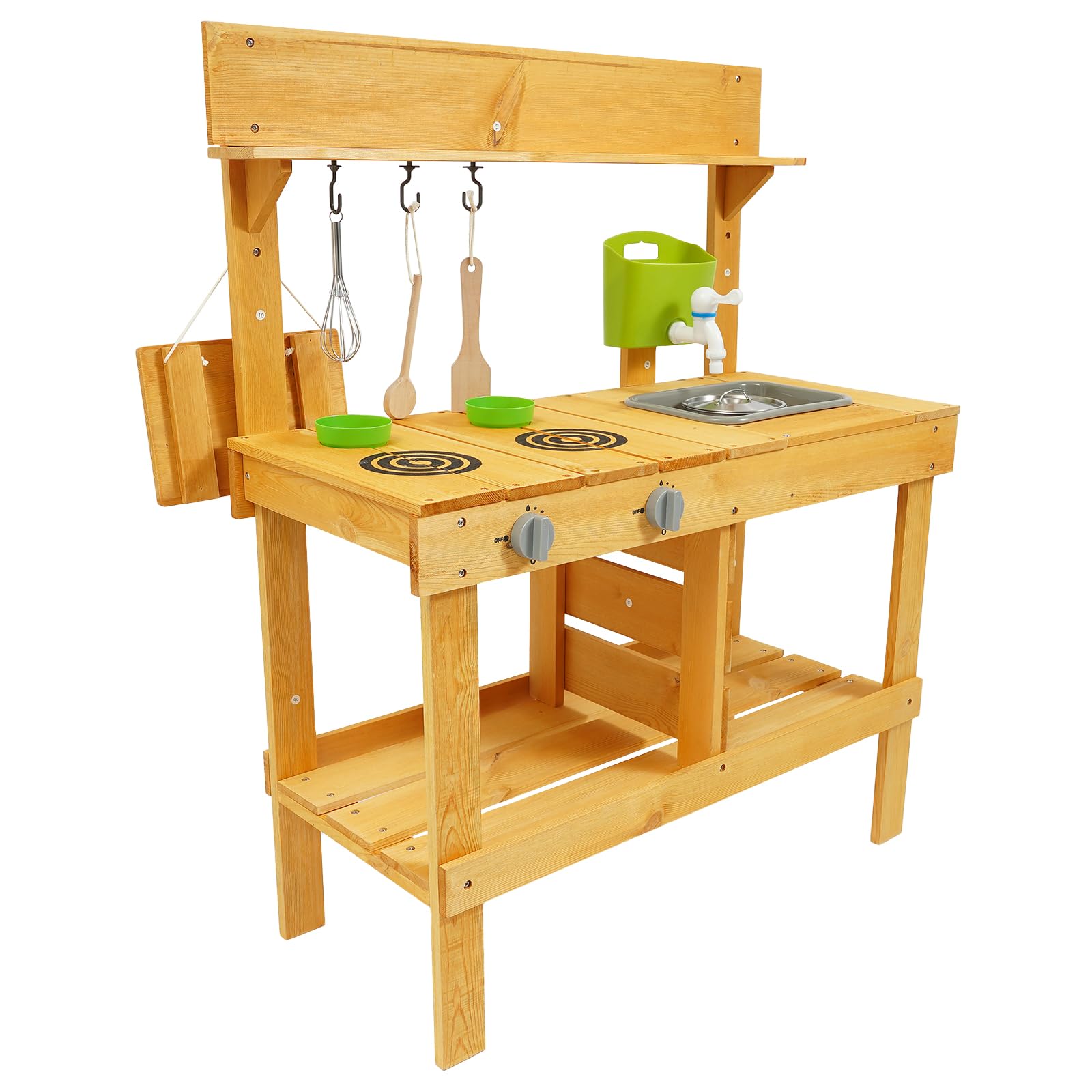 Matschküche Kinder Outdoor Holz Spielküche mit Echtem Waschbecken Küchenzubehör, Gartenspielzeug mit Wasserspender und Töpfen, Mud Kitchen für Gießen Sensorisches Spielen, Montessori Lernspielzeug
