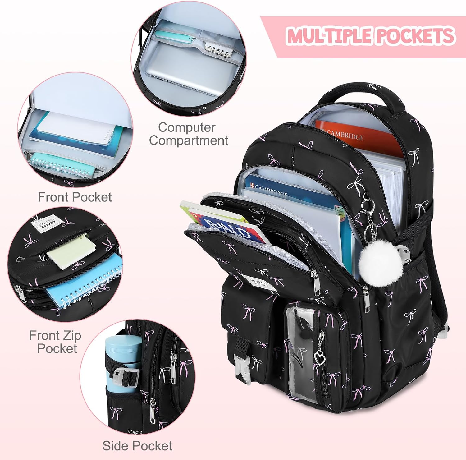 ACESAK Girls Backpack - Bento Box with Insulated Lunch Bag Pencil Case & Utensils Set for Kids, 6 Leakproof Compartments Removable Tray Lunches or Snack Container for School (Black Bow)