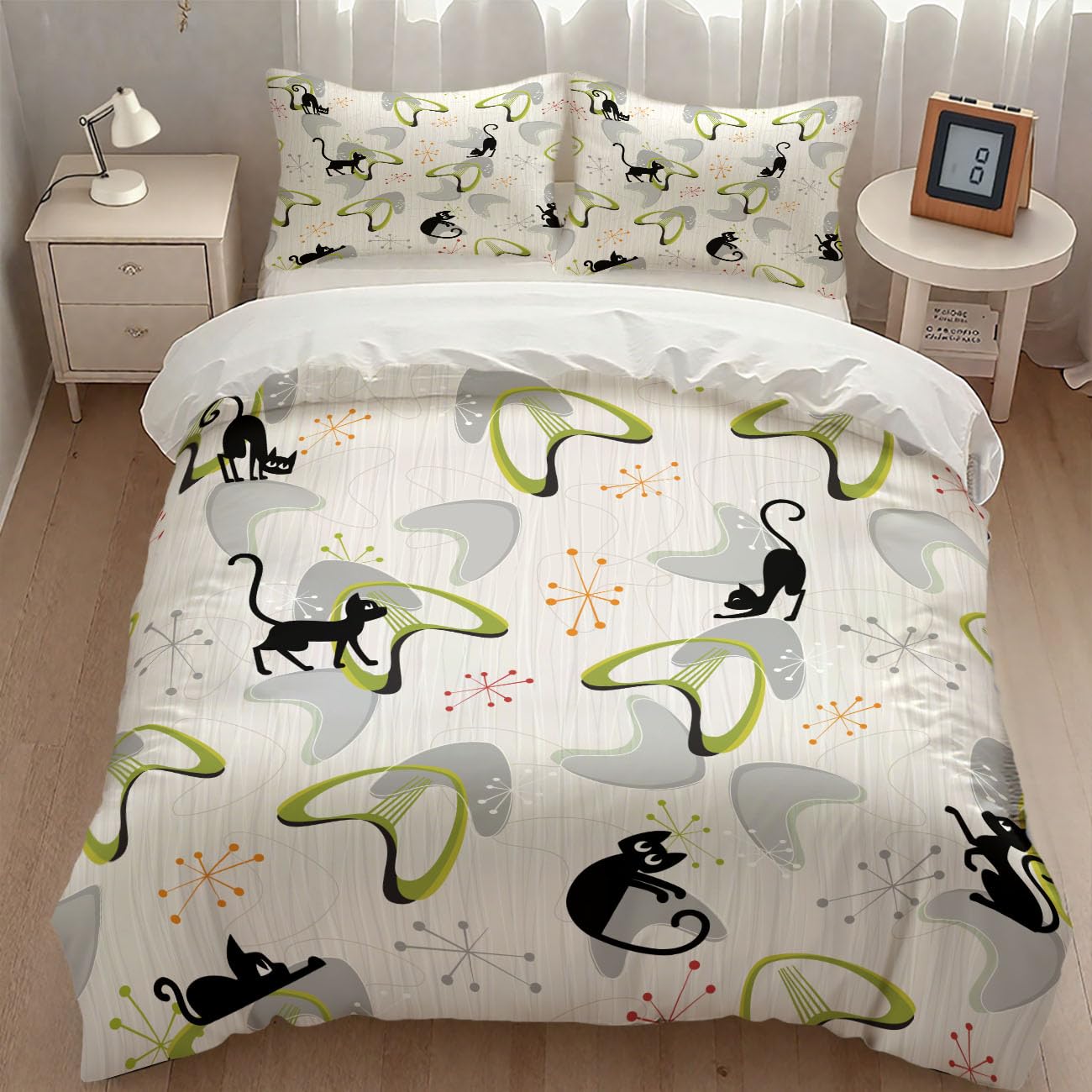 Mid Century Bedding Set,Retro Black Cat Atomic Diamond Star 1950s 1960s Abstract Geometric Minimalist Simple Modern Comforter Set with Pillowcase for Bedroom Bed Decor,Full 79"x90"