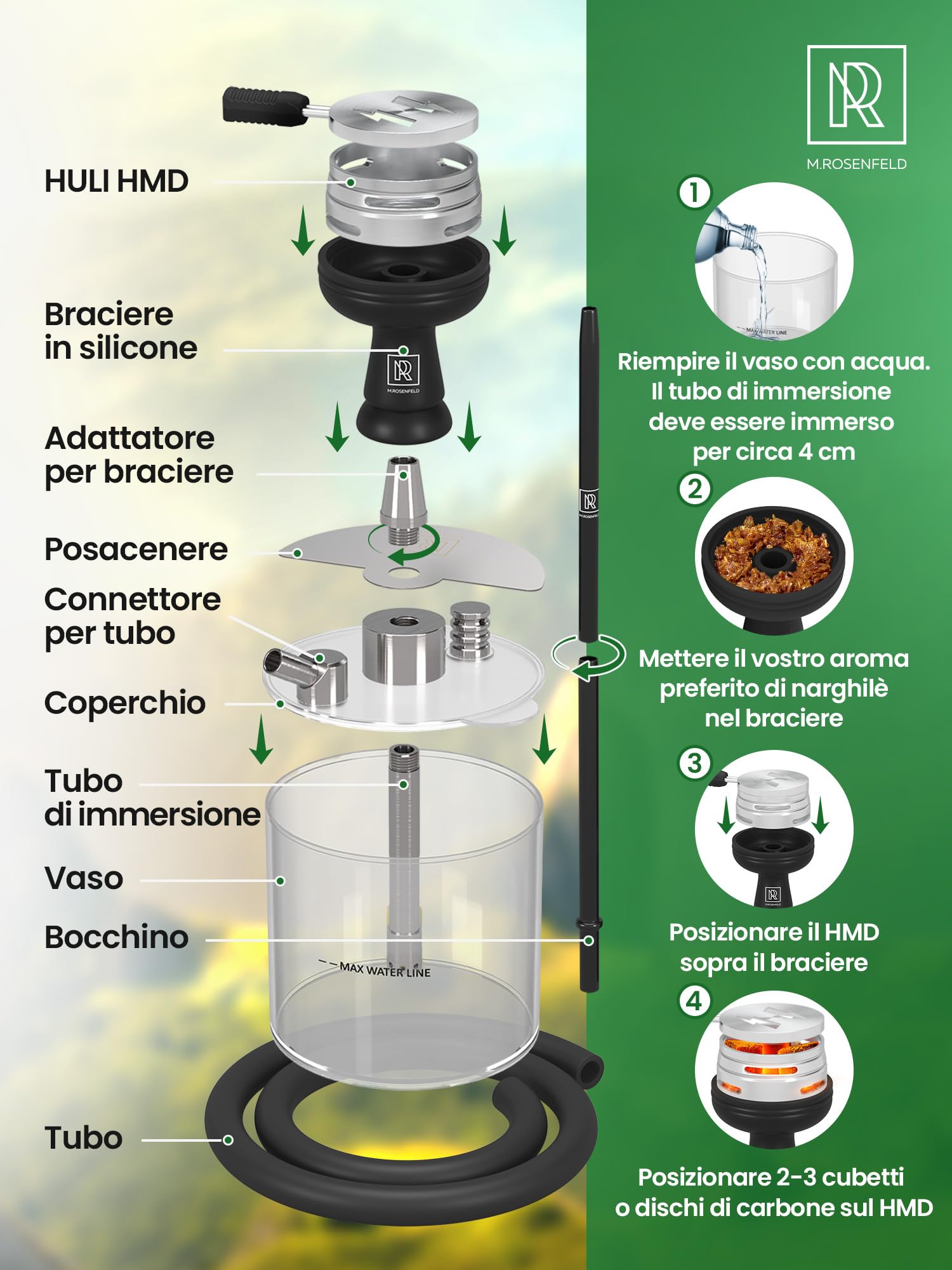 Narghilè Completo Kit M. ROSENFELD Con Borsa Yado - Shisha Narghile Piccola Per Viaggio In Acciaio Inossidabile - Narghile Completa Con Accessori Premium [set Testa Narghilè + Tubo + Bocchino]