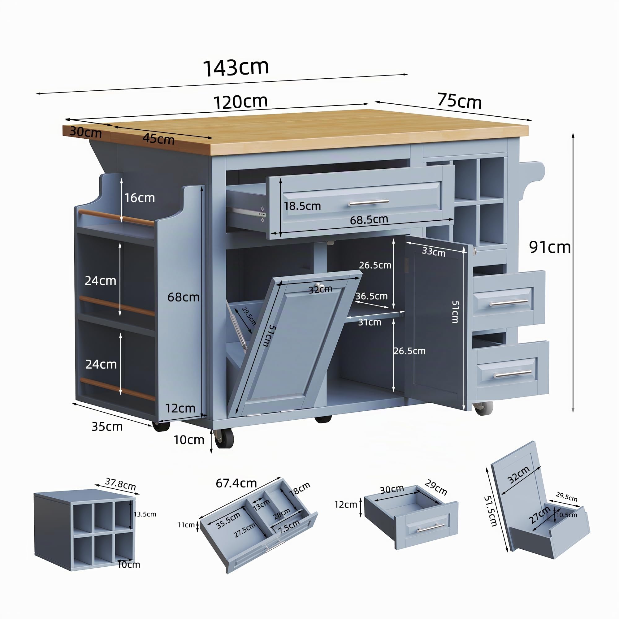 Îlot Central de Cuisine avec Rangement, Meuble de Cuisine avec Plan de Travail Pliable, Desserte de Cuisine avec Porte-Bouteilles et Étagère à Snacks, pour Salle à Manger, Bleu
