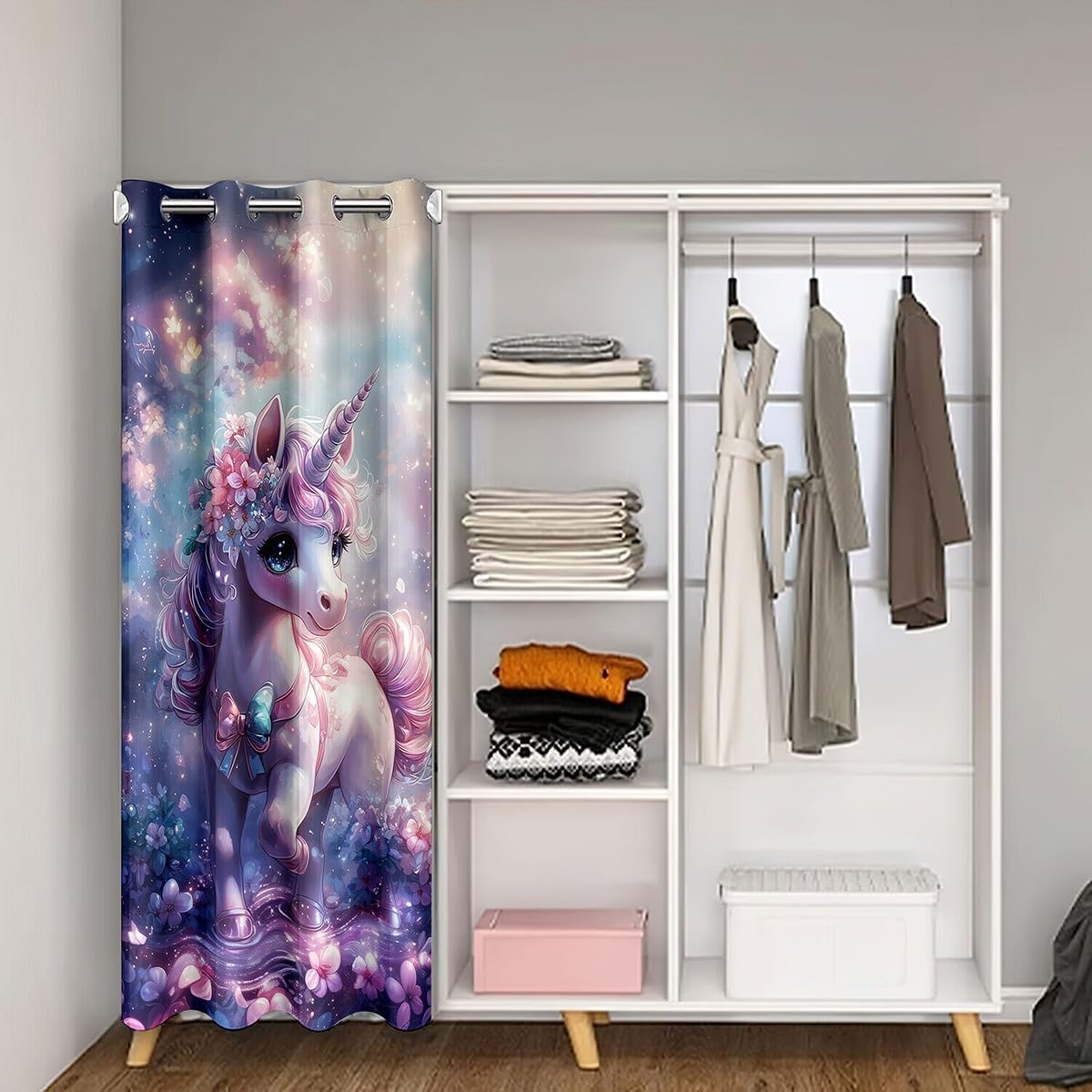 Manfei Cartoon Unicorn Door Curtain Blossom Flower Plant Doorway Curtain 60" W x 80" L for Bedroom Decor Dream Fairy Tale Style Blackout Curtain for Girls Boys Kids