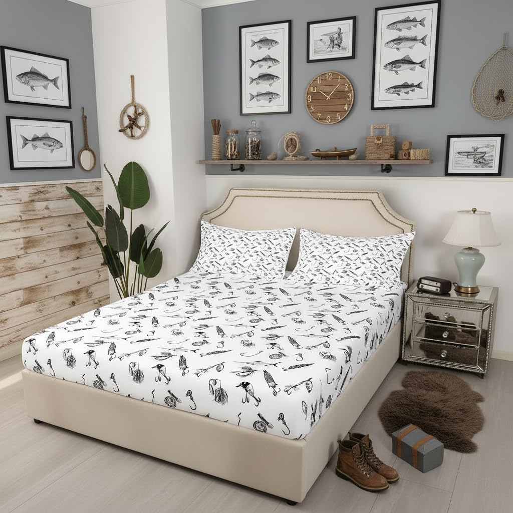 Hunt Fishing Fitted Sheet Queen (No Flat Sheet ) Sketch Black White Fishhooks Print Bedding Set Kids Boys Men Adult Bedroom Decor,Hunting Fish Bed Sheets Modern Soft Deep Pocket Sheet,2 Pillowcases