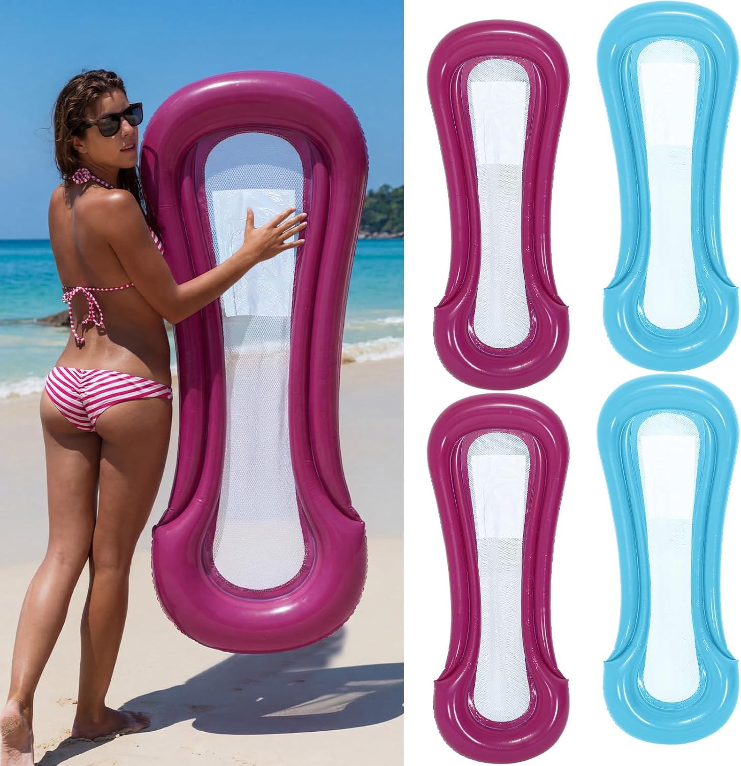 Teyva Daily 2 Pcs 2/4/8 Pcs Inflatable Pool Lounger Float Pool Hammock Floats Adult Inflatable Lounge Chair 23 x 62 Inch Comfortable Floating Seat Swimming Pools Beach Relaxation Favor, Purple, Blue