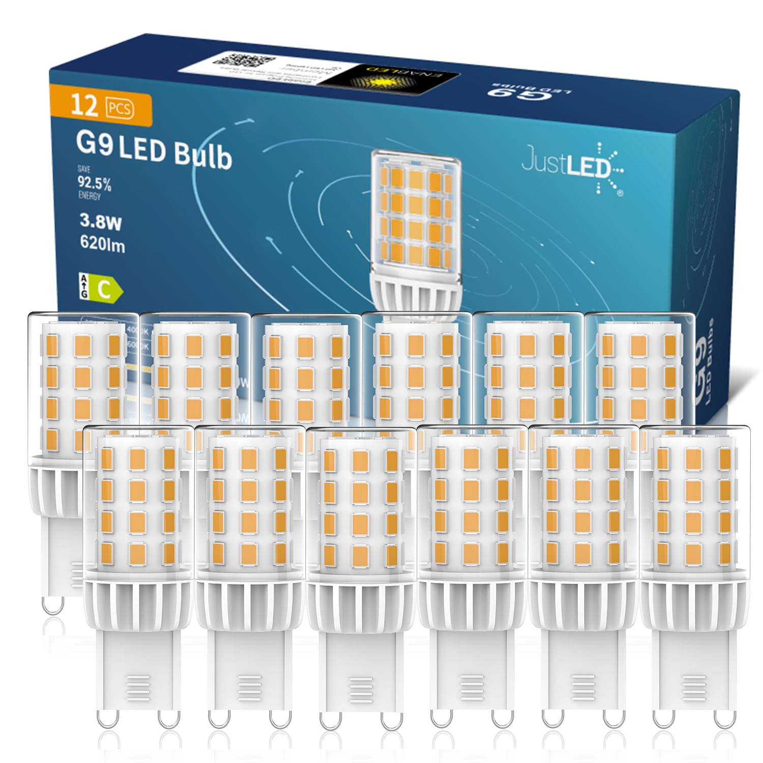 JustLED G9 Led Bulbs Warm White, 3.8W, 620LM, 2700K, G9 Light Bulbs Equivalent to 30/40W Halogen, No Flicker, Non-Dimmable, Energy Saving and Efficient (12 Pack)