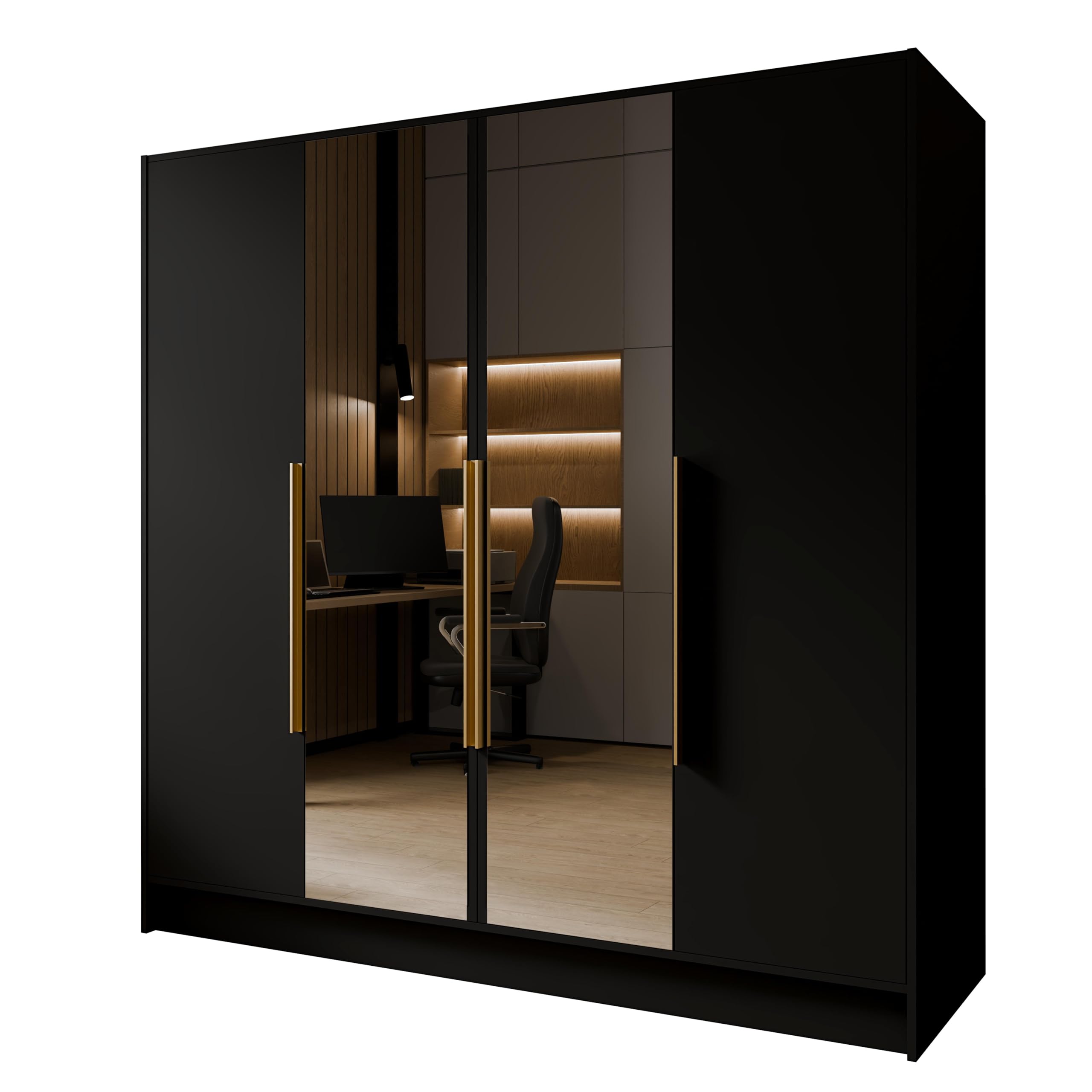 Drehtürenschrank Goya Kleiderschrank, Spiegel, Griffen, Push-to-Open Tip-ON, großer Stauraum, Regale, Glatte Türen (schwarz, goldene Griffe, mit Spiegel, 200 cm)