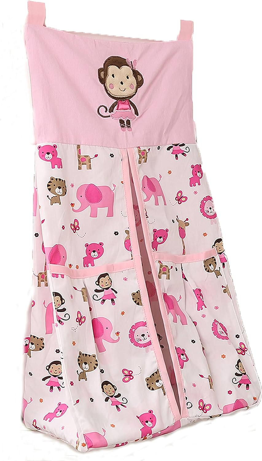 3 PCs Pink Animal Safari Nursery Crib Bedding Set 1 Quilt + 1 Fitted Sheet + 1 Diaper Storage Bag Elephant Giraffe Lion Tiger Baby Girl Cot Bedding Set