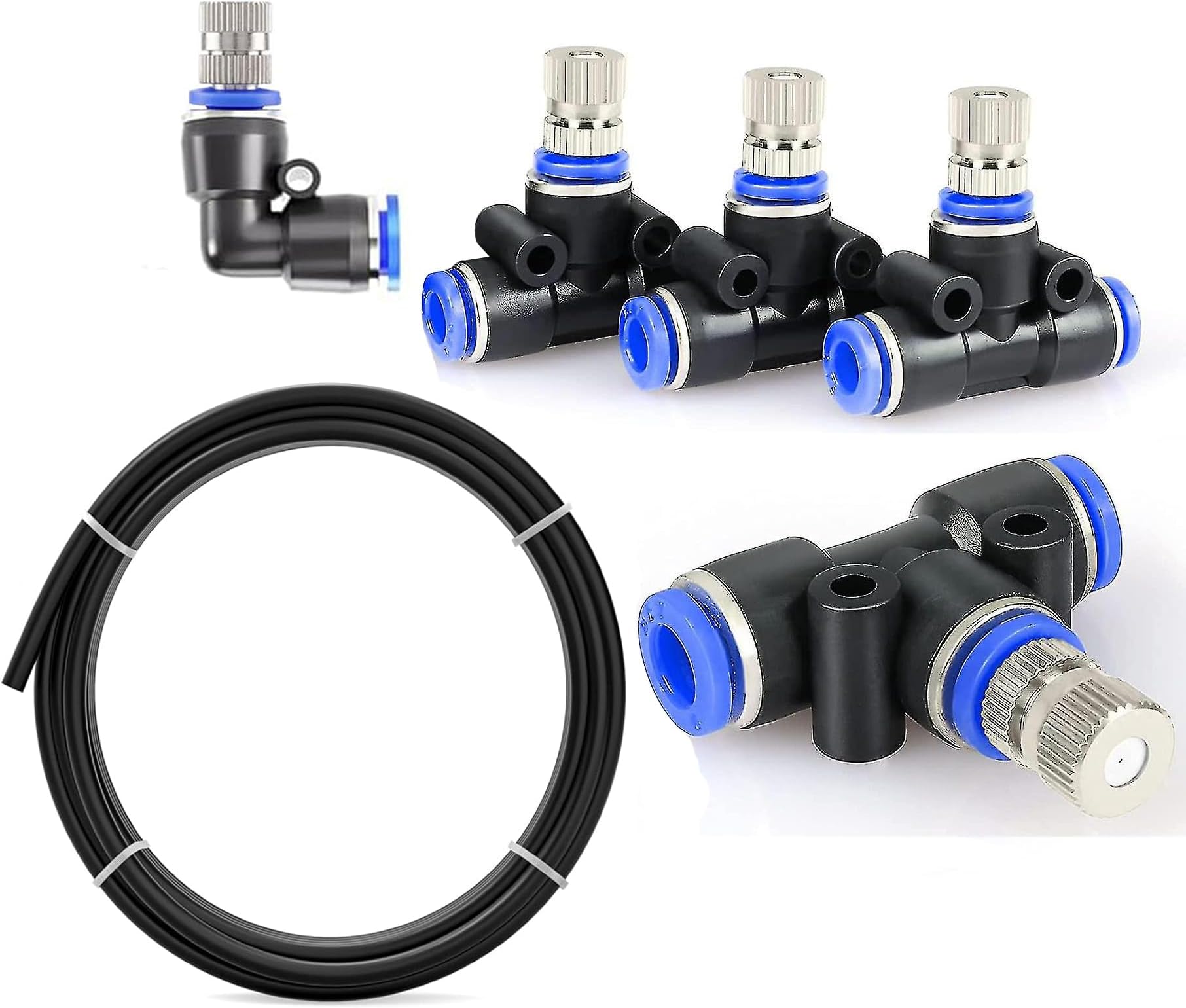10Mtr Hose Pipe & 5pcs 6mm Atomization Misting Fog Nozzles with Tee Connector Suitable for DIY Sanitization Tunnel Fogger Sprayer Watering Irrigation Fogging Cooling Kit Sprinkler